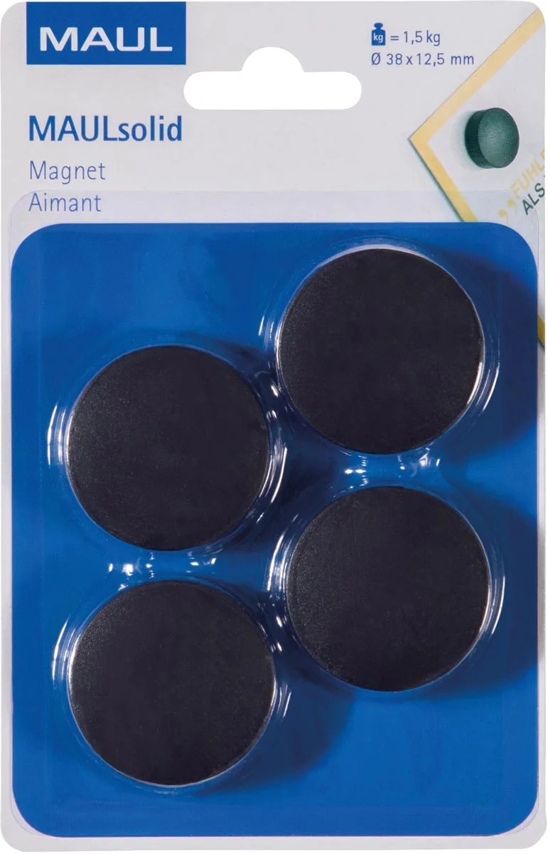 magneet Solid, 38 mm, trekkracht 1,5 kg, blister van 4 stuks, zwart van Maul – productfoto