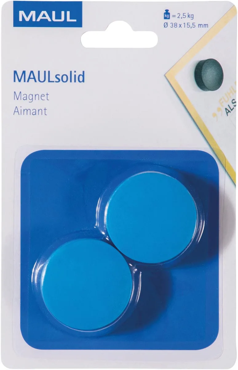 magneet Solid, 38 mm, trekkracht 2,5 kg, blister van 2 stuks, blauw van Maul – productfoto