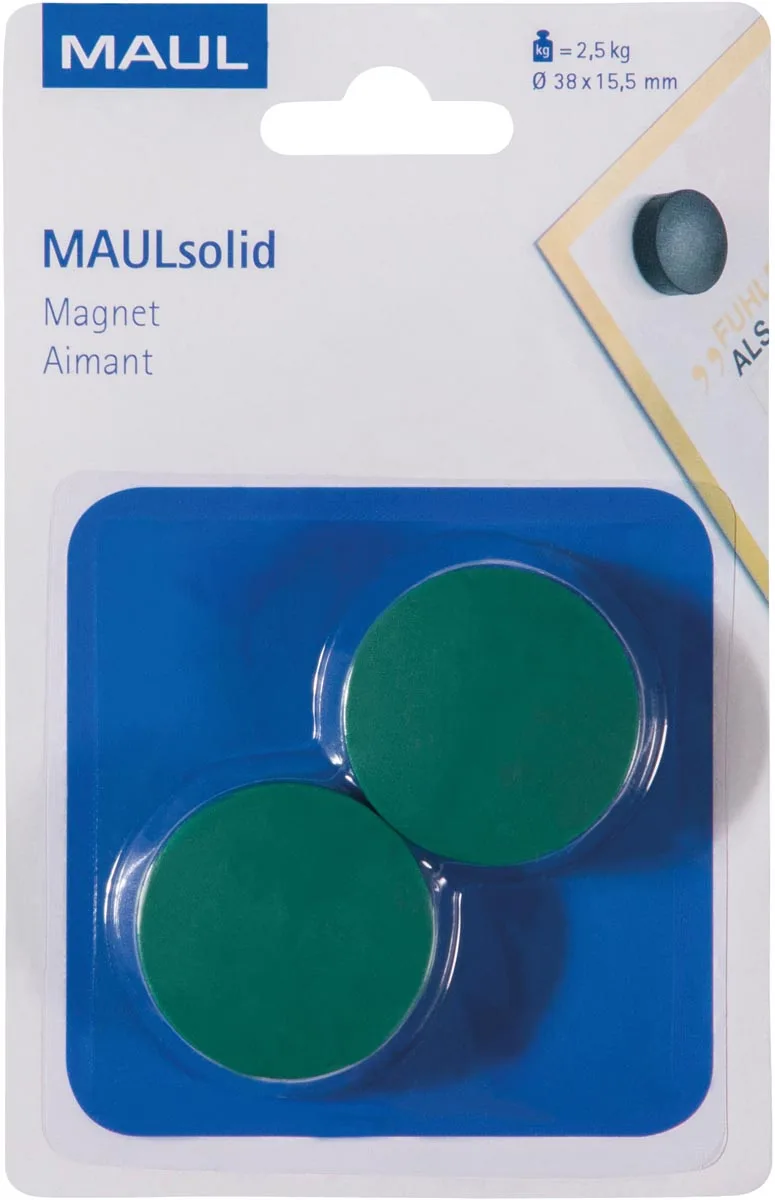 magneet Solid, 38 mm, trekkracht 2,5 kg, blister van 2 stuks, groen van Maul – productfoto