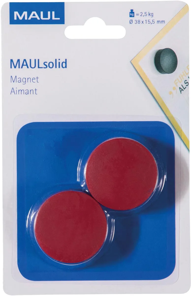 magneet Solid, 38 mm, trekkracht 2,5 kg, blister van 2 stuks, rood van Maul – productfoto