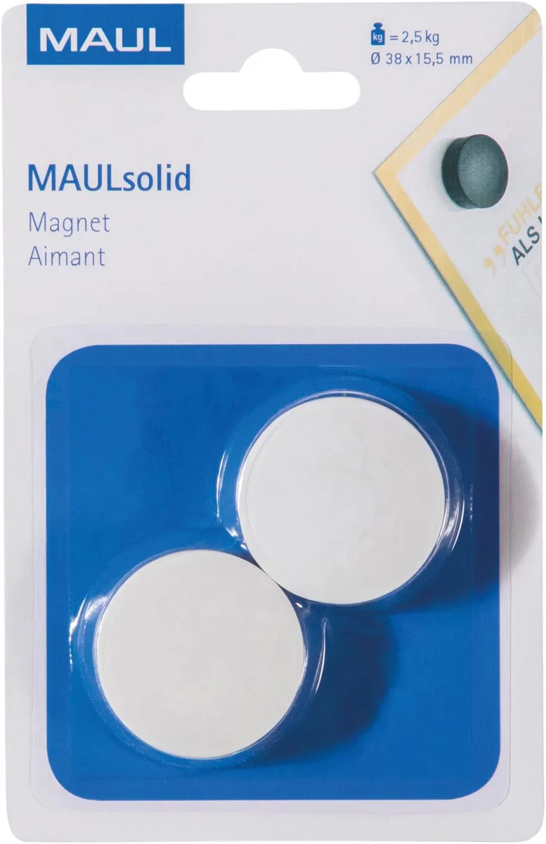 magneet Solid, 38 mm, trekkracht 2,5 kg, blister van 2 stuks, wit van Maul – productfoto