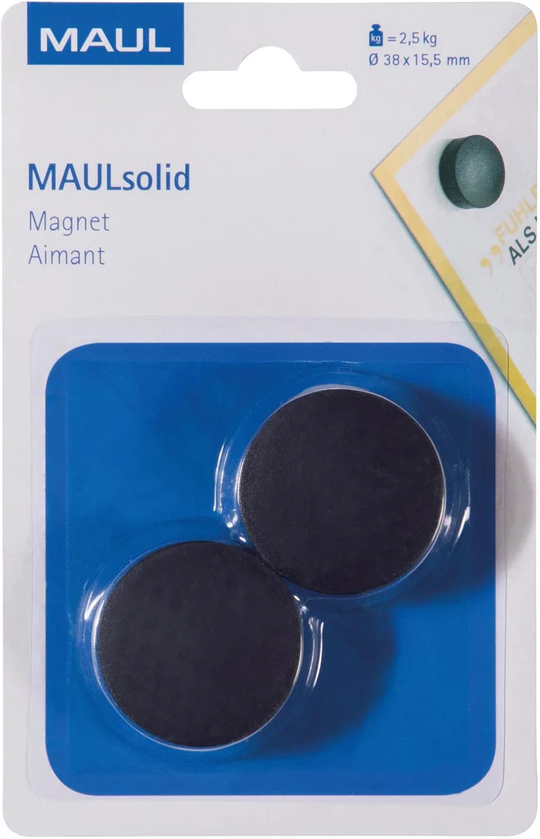magneet Solid, 38 mm, trekkracht 2,5 kg, blister van 2 stuks, zwart van Maul – productfoto