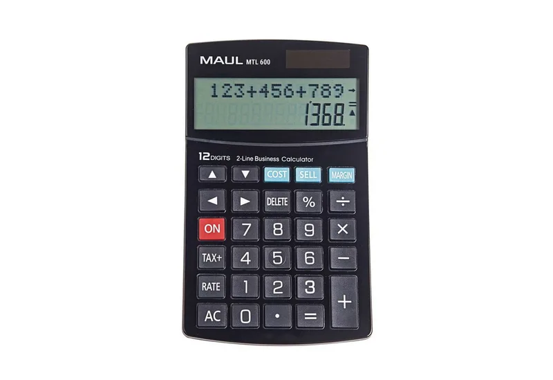 Taschenrechner mit kaufmännischen Funktionen, 12-stelliges Display mit 2 Zeilen, Steuerberechnung, Gewinnspannenberechnung, inkl. Gerätebeatterie by Maul in Black – product photo
