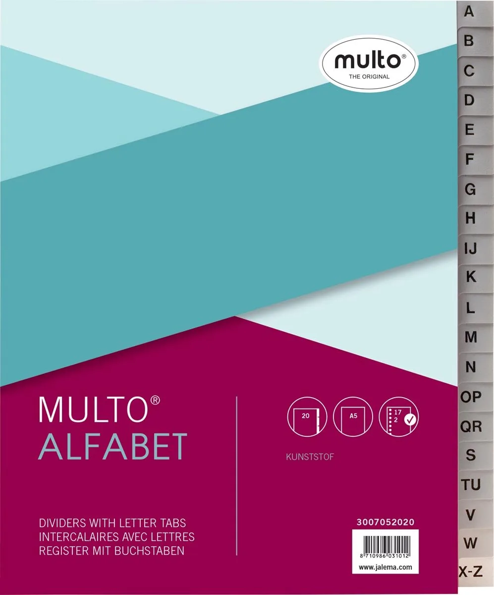Tabbladen Multo A5 17-gaats alfabet PP - 10 stuks de Multo en Gris – photo produit