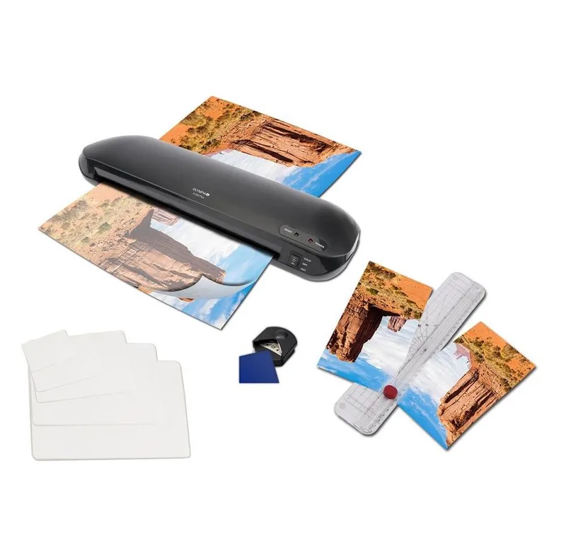 Laminiergerät 4-in-1 Laminierset m/Laminiergerät A330 Plus A3, 4-in-1 Set, A3 Format, Laminator A 330 Plus, Eckenrunder von Olympia in Schwarz – Produktfoto