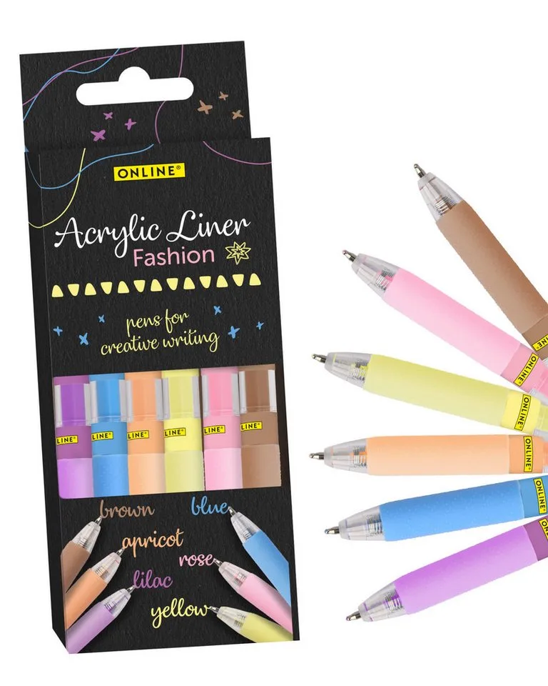 Fineliner Acrylic Liner Fashion, (6), 6er Set Acrylic Liner mit stark deckender Acyrlfarbe Pastell van Online in Acryl Liner Fashion – productfoto