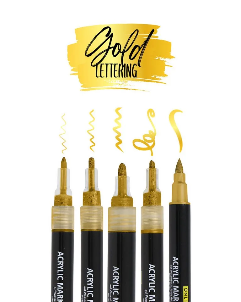 Fineliner Lettering, (5x goldene Metallic-Acryl-Stifte, deckend, Handlettering-Stifte mit verschiedenen Spitzen), Fineliner, Brushpen, Marker, Kalligrafie-Stift van Online in Goud – productfoto