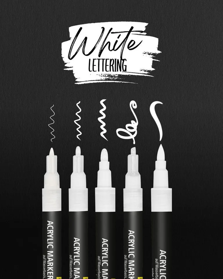 Fineliner White Lettering, (5x weiße Acryl-Stifte, deckend, Handlettering-Stifte mit verschiedenen Spitzen), Fineliner, Brushpen, Kalligrafie-Stift van Online in Wit – productfoto