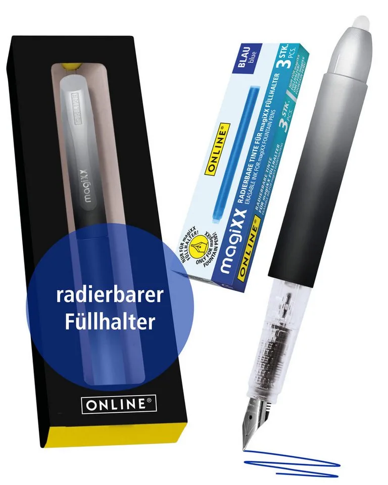 Füller magiXX Radierbarer Füller, (2-tlg), mit radierbarer, blauer Tinte, inkl. 4 magiXX Patronen, Vorteilspack by Online in Black – product photo