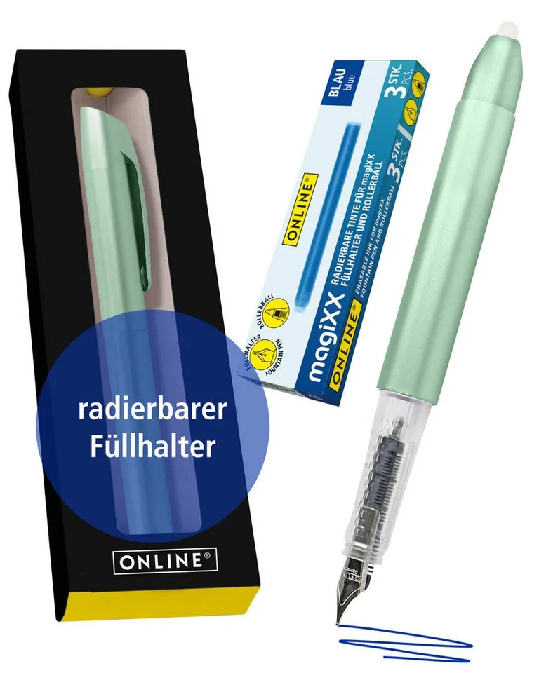 Füller magiXX Radierbarer Füller, (2-tlg), mit radierbarer, blauer Tinte, inkl. 4 magiXX Patronen, Vorteilspack van Online in Groen – productfoto