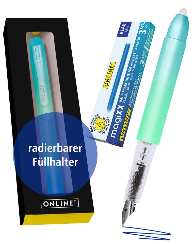 Füller magiXX Radierbarer Füller, (2-tlg), mit radierbarer, blauer Tinte, inkl. 4 magiXX Patronen, Vorteilspack van Online in Groen – productfoto