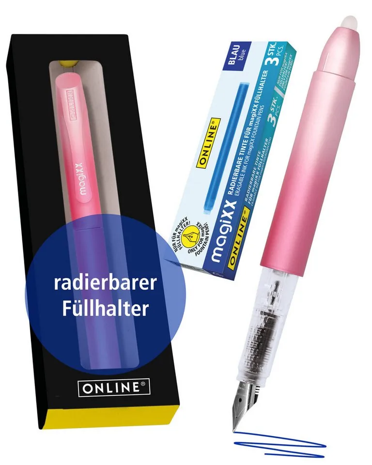 Füller magiXX Radierbarer Füller, (2-tlg), mit radierbarer, blauer Tinte, inkl. 4 magiXX Patronen, Vorteilspack by Online in Pink – product photo