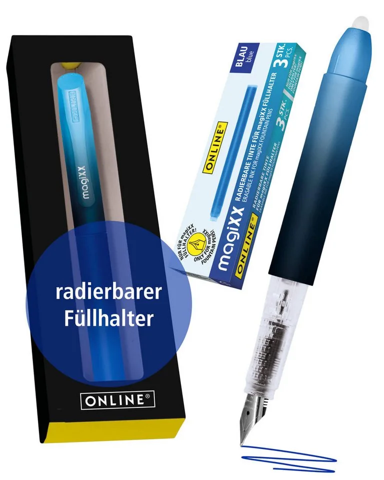 Füller magiXX Radierbarer Füller, (2-tlg), mit radierbarer, blauer Tinte, inkl. 4 magiXX Patronen, Vorteilspack by Online in Blue – product photo