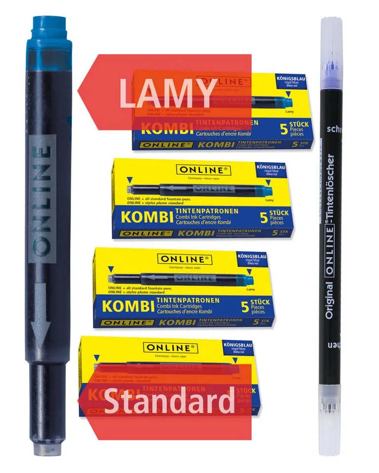 Pen 20x Kombi-Tintenpatrone & 1x Tintenkiller Tintenpatrone (Universal-Füllhalter Patronen auch passend für LAMY, Pelikan, etc., Füller Patronen Vorteilspack) von Online in Blau – Produktfoto