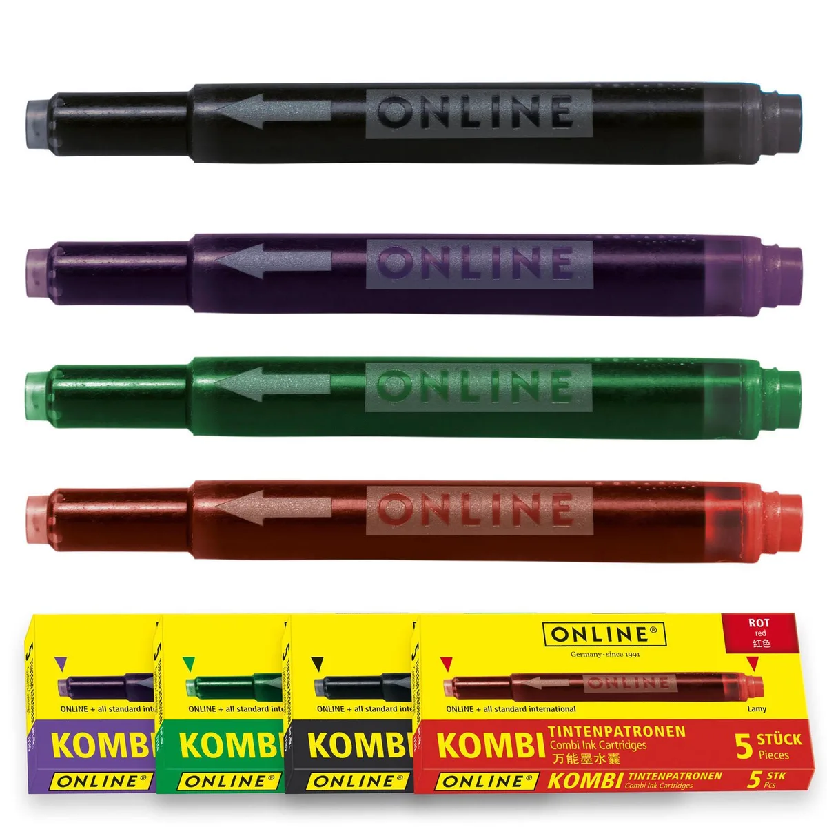 Tintenpatronen für Füller 5x lila, 5x grün, 5x schwarz, 5x rot van Online – productfoto
