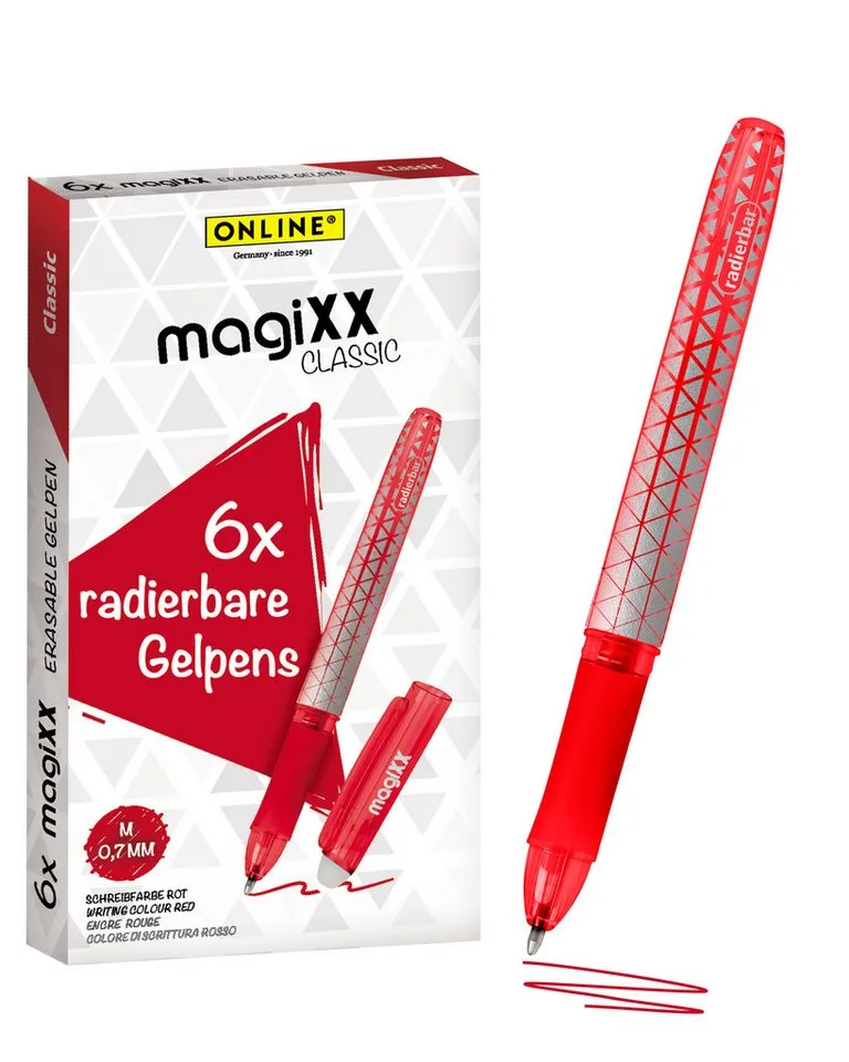 Tintenroller magiXX Classic, (6x radierbare Gelschreiber ergonomisches Griffstück), Gelpens für Schüler, Studenten, Büro von Online in Rot – Produktfoto