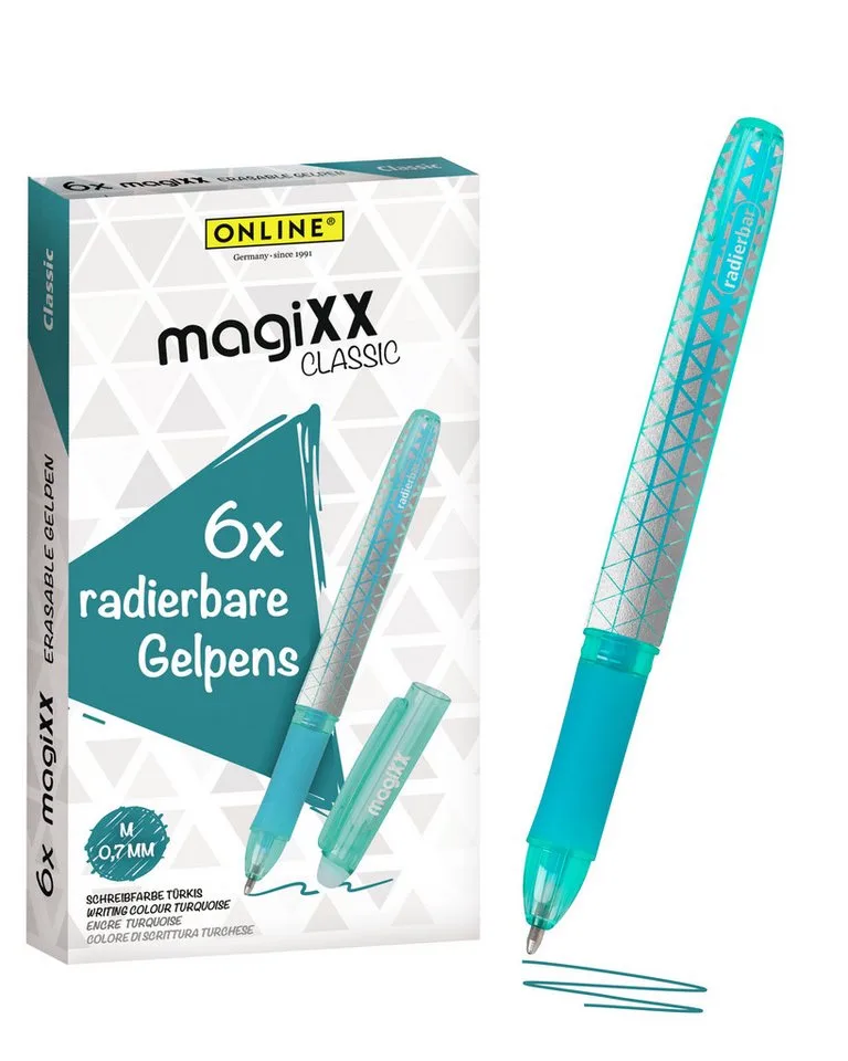 Tintenroller magiXX Classic, (6x radierbare Gelschreiber ergonomisches Griffstück), Gelpens für Schüler, Studenten, Büro de Online en Turquoise – photo produit