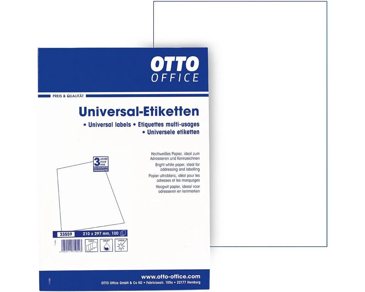 Etiketten Standard, 100 Stück, Kennzeichnung (210x297 mm), selbstklebend von Otto Office in Weiß – Produktfoto