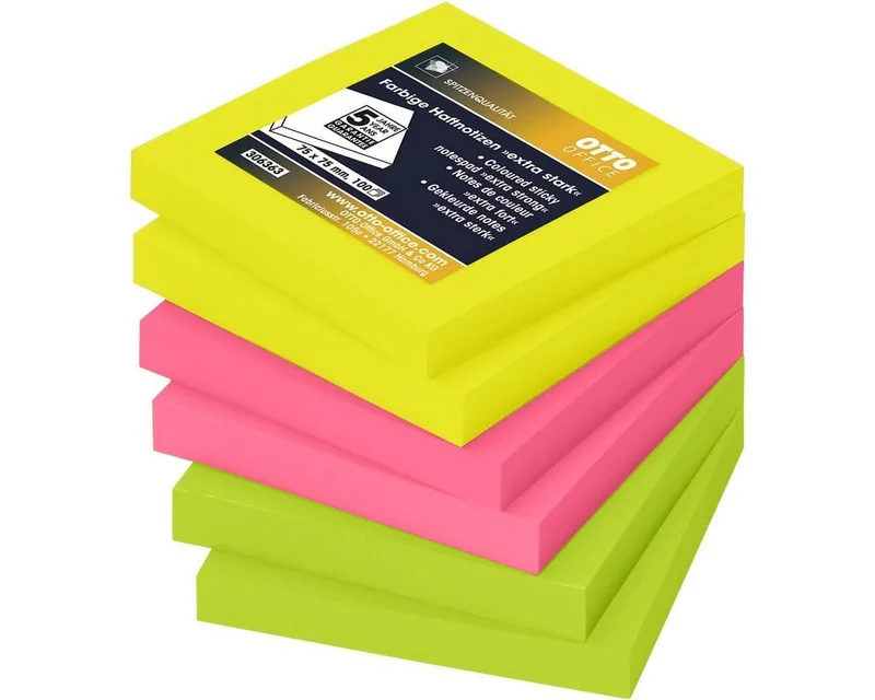 Haftnotizblock extra stark, 7,5x7,5 cm in Neonfarben, ablösbar und wiederholt selbstklebend von Otto Office in Gelb, Grün – Produktfoto