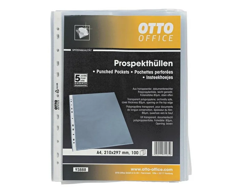 Prospekthülle Premium, 100 Stück, genarbt, Format A4 mit Multilochung, oben offen by Otto Office in White – product photo