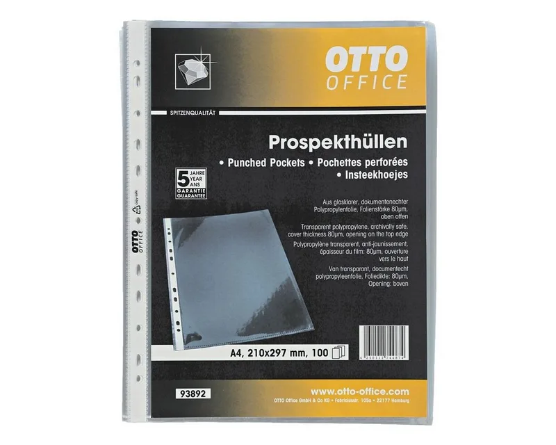 Prospekthülle Premium, 100 Stück, glasklar, Format A4 mit Multilochung, oben offen van Otto Office in Wit – productfoto