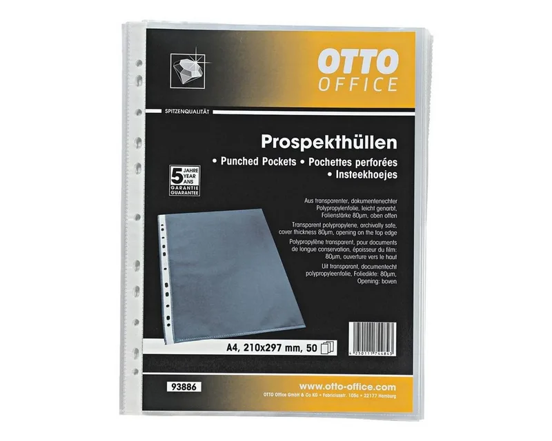 Prospekthülle Premium, 50 Stück, genarbt, Format A4 mit Multilochung, oben offen by Otto Office in White – product photo