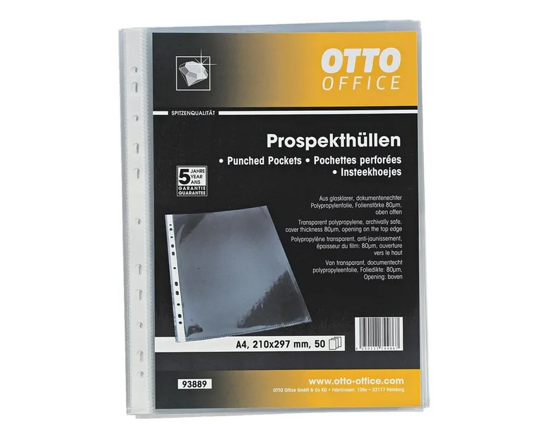 Prospekthülle Premium, 50 Stück, glasklar, Format A4 mit Multilochung, oben offen von Otto Office in Weiß – Produktfoto