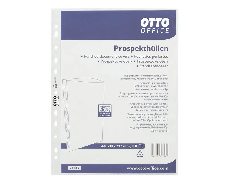 Prospekthülle Standard, 100 Stück, glasklar, Format A4, Multilochung, Öffnung oben van Otto Office in Wit – productfoto
