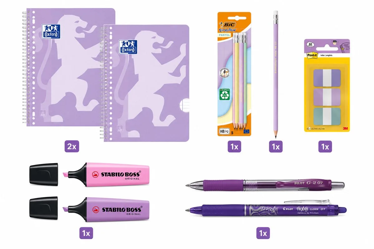 Back to School - Schoolset - Collegeblok A4+, Pennen, Markeerstiften & Indextabs - Scholieren en Studenten de Oxford en Pastel paars – photo produit