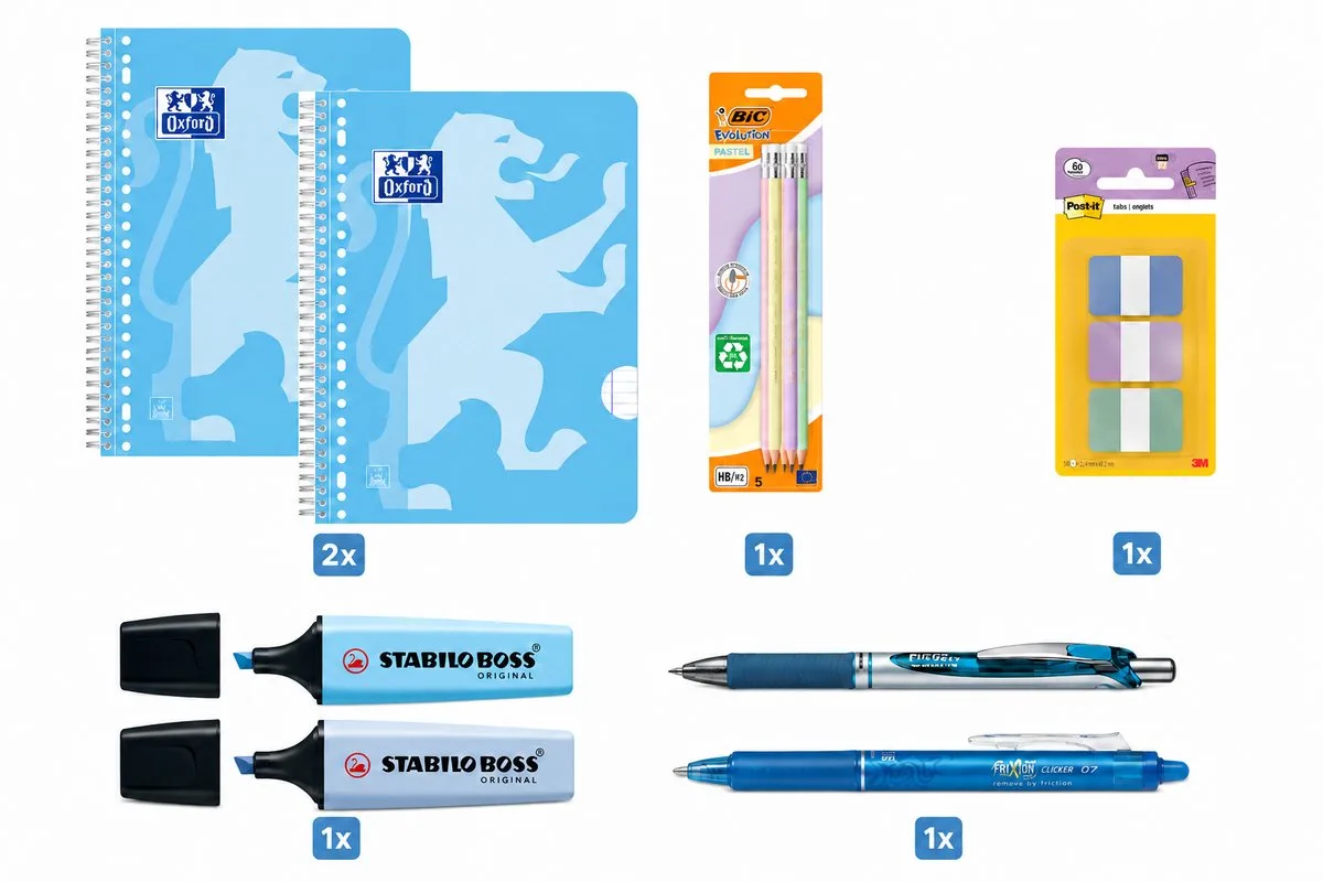 Back to School - Schoolset - Collegeblok A4+, Pennen, Markeerstiften & Indextabs de Oxford en Pastel blauw – photo produit