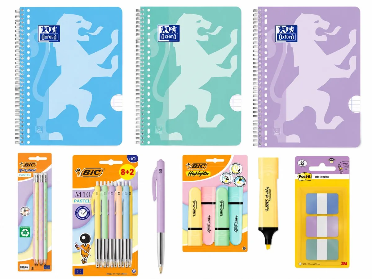Back to School - Schoolset - Collegeblokken A4+, BIC Pennen, Markeerstiften, Post-it Indextabs & BIC Potlood van Oxford in Pastel mix – productfoto