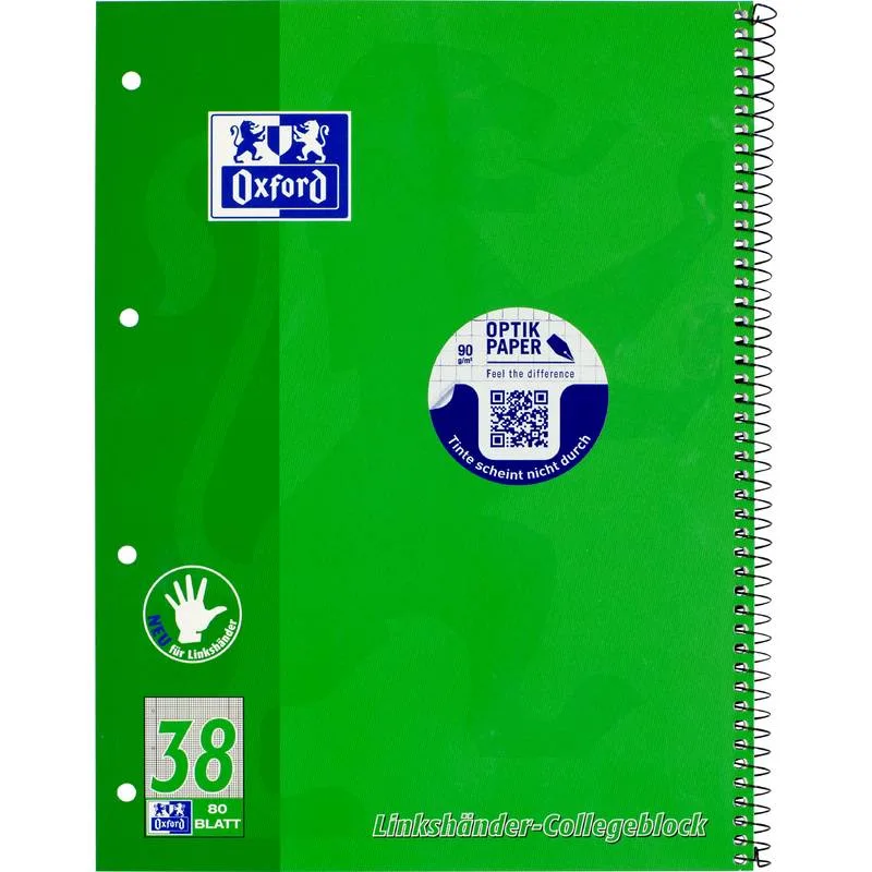 Collegeblock A4+ (220 x 295 mm) Linkshänder von Oxford – Produktfoto