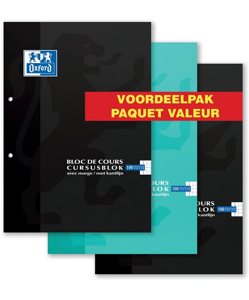 cursusblok voordeelpak van 3 stuks, geassorteerde kleuren, ft A4, 100 vel, geruit 5 mm by Oxford – product photo
