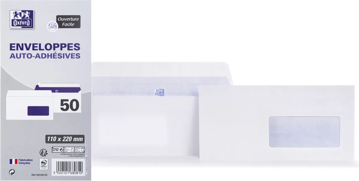 Enveloppen, DL, 110 x 220 mm, 80 g, zelfklevend. de Oxford en Blanc – photo produit