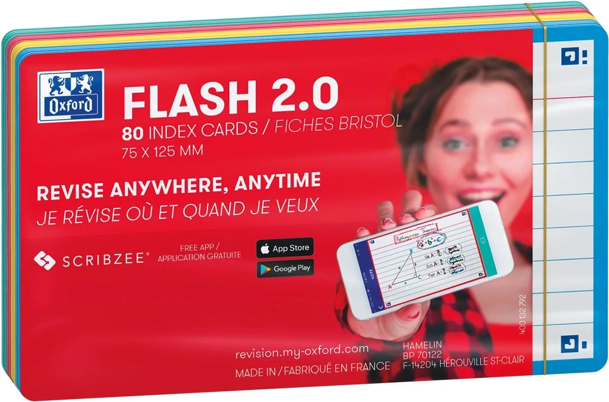 Flash 2.0 flashcard starterkit, gelijnd, A7, pak van 80 vel 20 stuks de Oxford en Assorti – photo produit