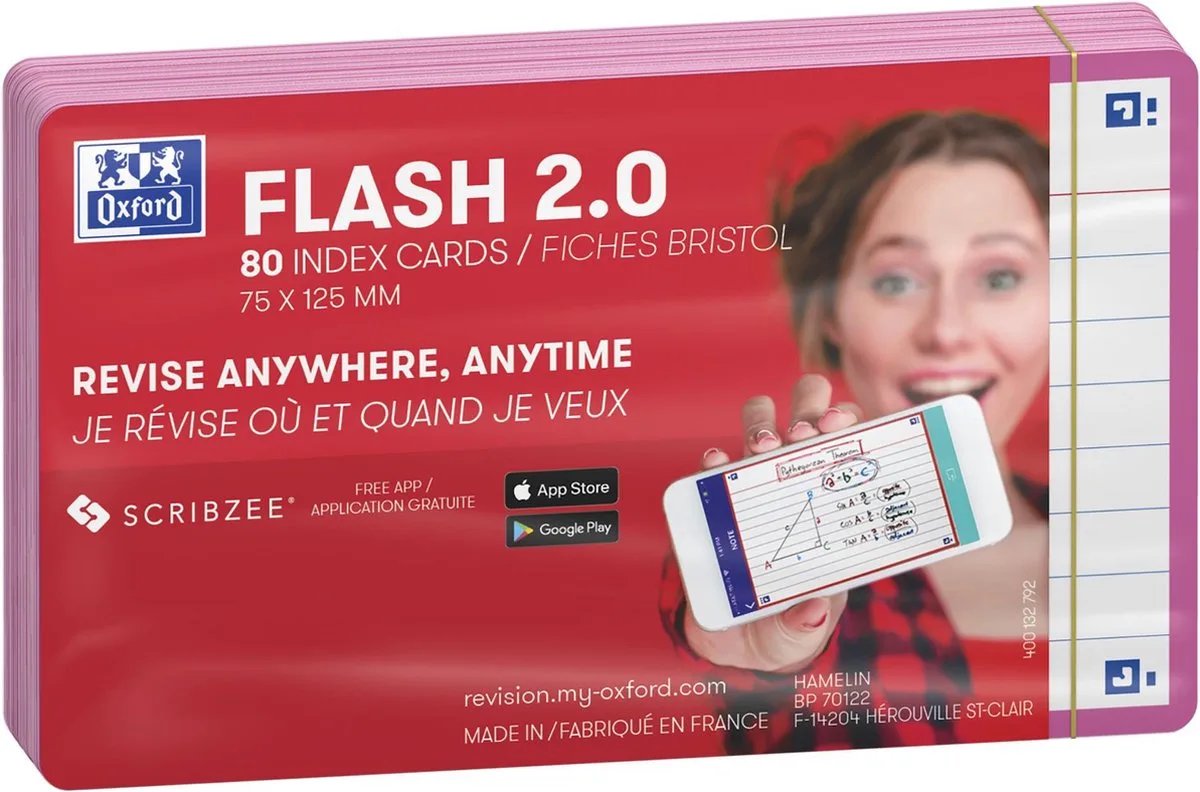 Flash 2.0 - Flashcards - Gelijnd - A7 - rand - 80 stuks van Oxford in Fuchsia – productfoto