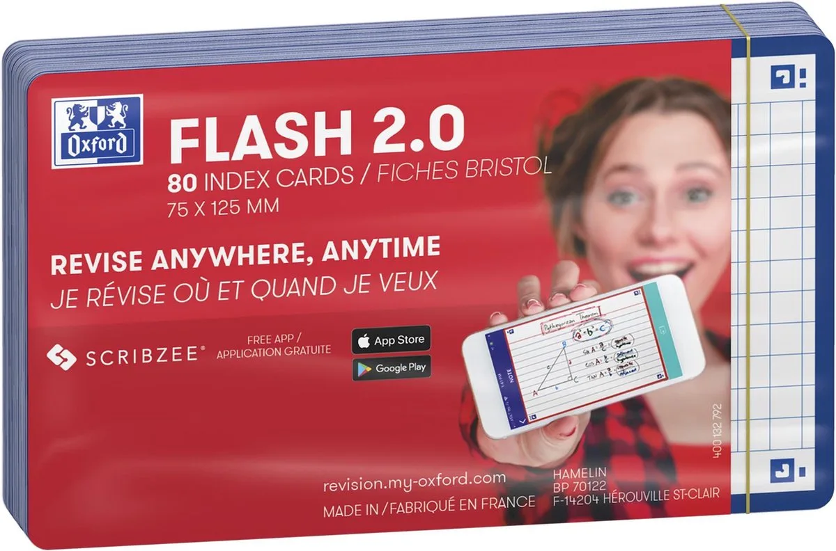 Flash 2.0 - Flashcards - Geruit 5mm - A7 - Blauwe rand - 80 stuks by Oxford in Blue – product photo
