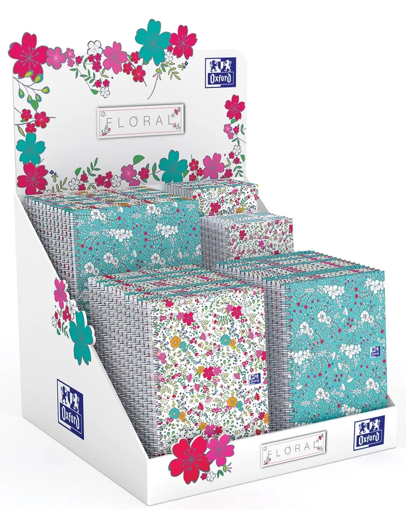 Floral notitieblok en spiraalschrift, ft A5/A6/B5, gelijnd en geruit 5 mm, display met 60 stuks van Oxford – productfoto