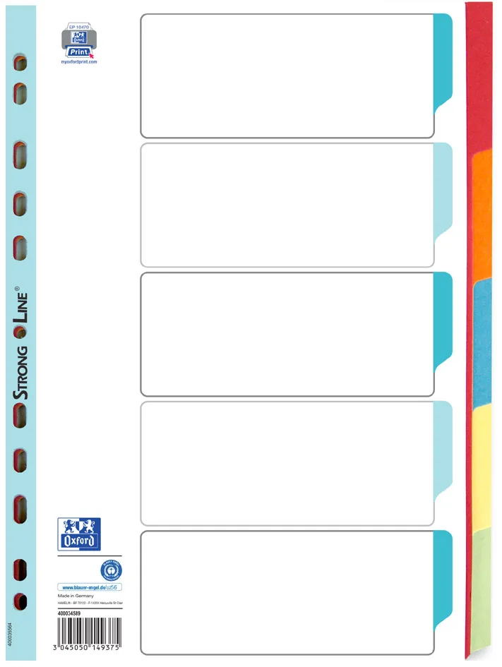 Karton-Register, blanko, DIN A4, farbig, 5-teilig by Oxford – product photo
