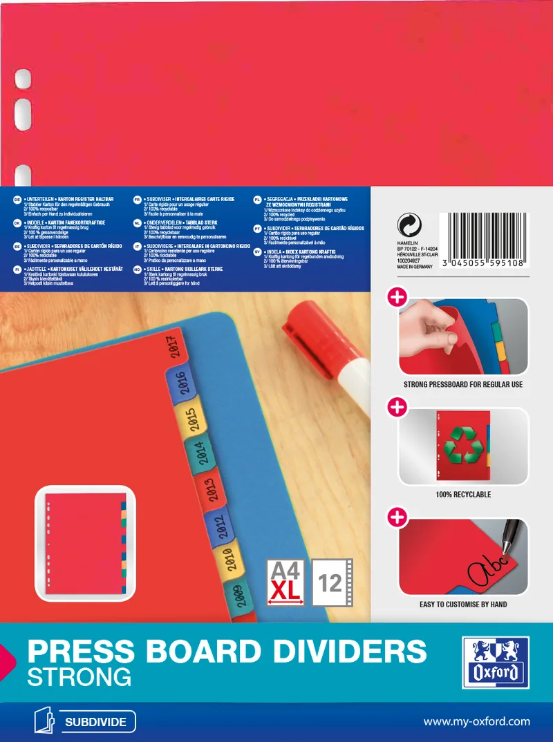 Karton-Register, blanko, DIN A4, marmoriert,12-teilig by Oxford – product photo