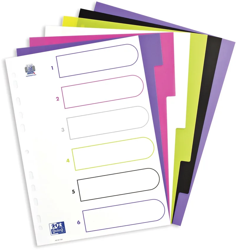 MyColour tabbladen, formaat A4, uit gekleurde PP, 11-gaatsperforatie, 6 tabs de Oxford – photo produit