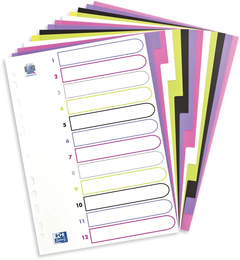 MyColour tabbladen, formaat A4, uit gekleurde PP, 11-gaatsperforatie, 12 tabs by Oxford – product photo