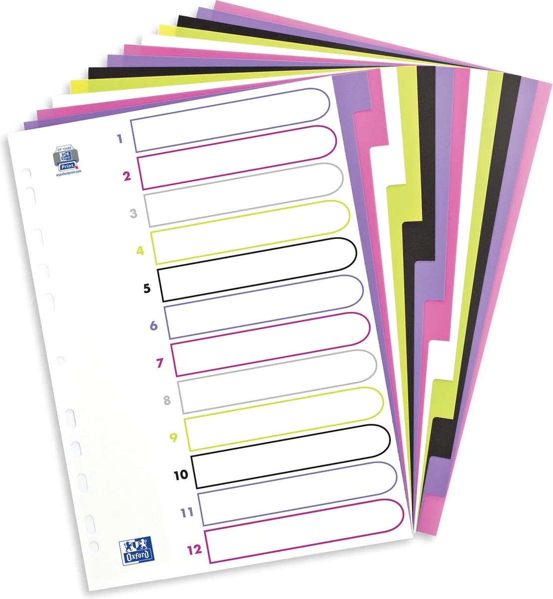 MyColour tabbladen, formaat uit gekleurde PP, 11-gaatsperforatie, 12 tabs 20 stuks de Oxford en A4 – photo produit