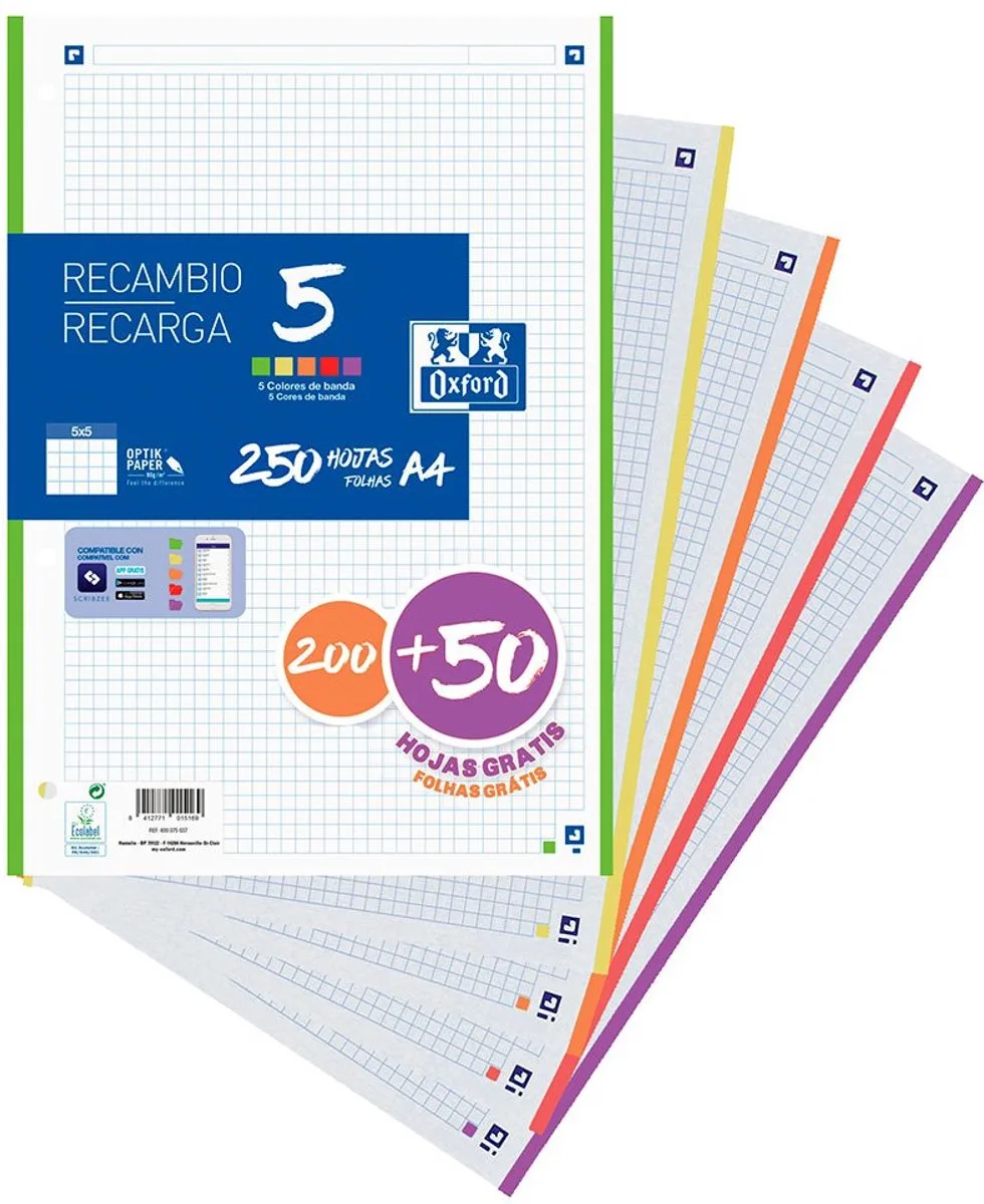 Navulblok A4 Geruit 200+50 Vel 5x5 4 Gaats Perforatie 5 Kleuren Live Transparant Kinderen de Oxford en Multicolore – photo produit