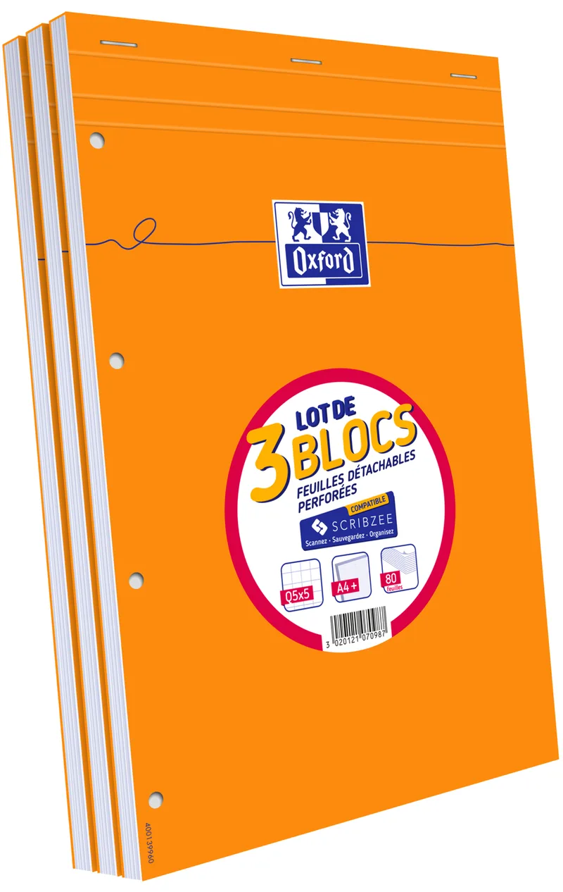 Notizblock, DIN A4, kariert, 4-fach Lochung, 3er Set van Oxford – productfoto