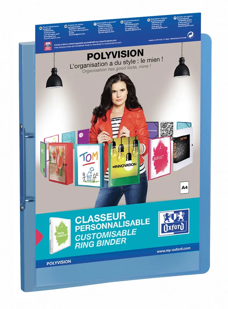 Polyvision personaliseerbare ringmap, formaat A4, uit PP, rug van 3 cm, 2 ringen, blauw van Oxford – productfoto