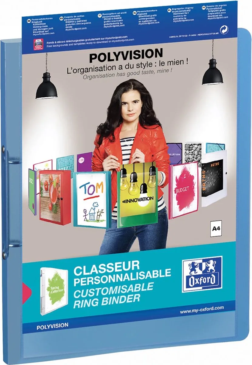 Polyvision personaliseerbare ringmap, formaat uit PP, rug van 3 cm, 2 ringen, blauw 12 stuks van Oxford in A4 – productfoto