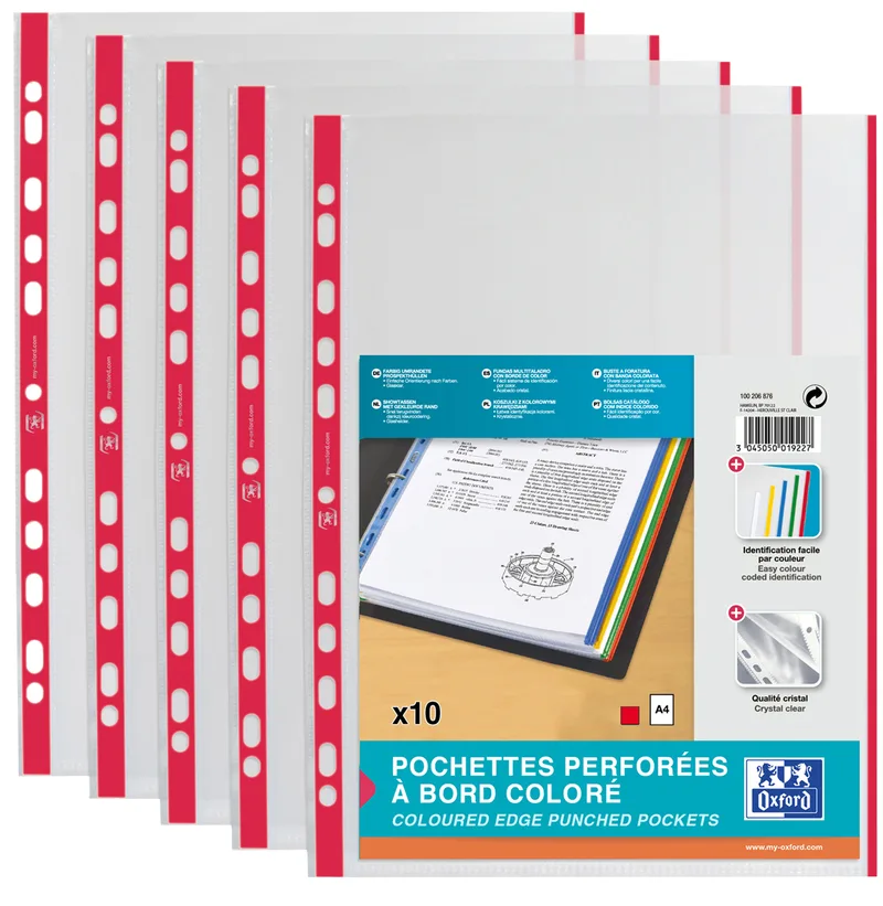 Prospekthülle, DIN A4 mit farbigem Rand, PP, rot by Oxford – product photo