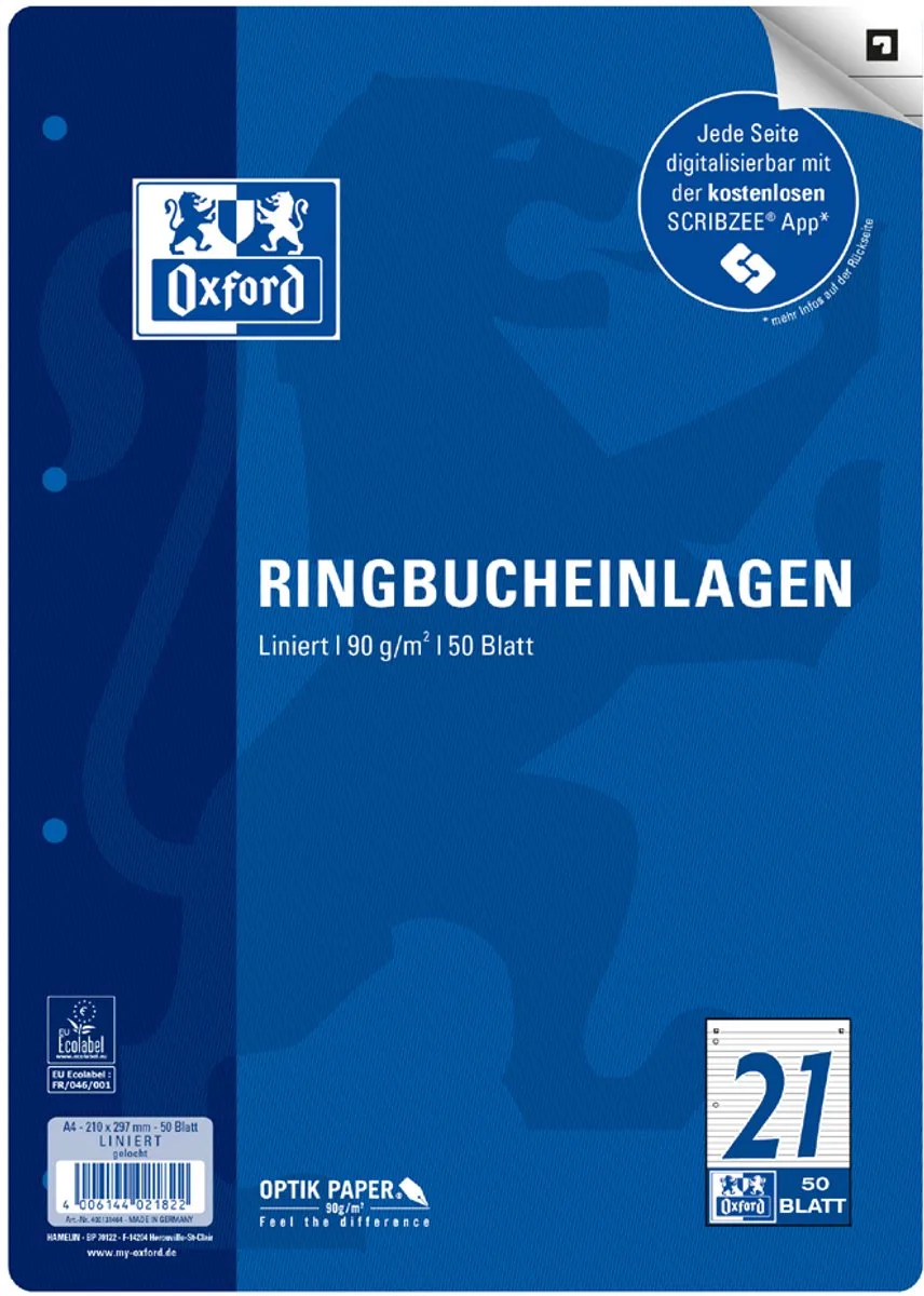 ringbanden vullingen, A4-formaat, blanco, 50 vellen de Oxford en Bleu – photo produit