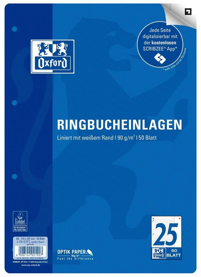 Ringbuchmappe Ringbucheinlage LIN25 - A4, liniert, 90g/qm, 4-fach gelocht, 50 Blatt von Oxford – Produktfoto